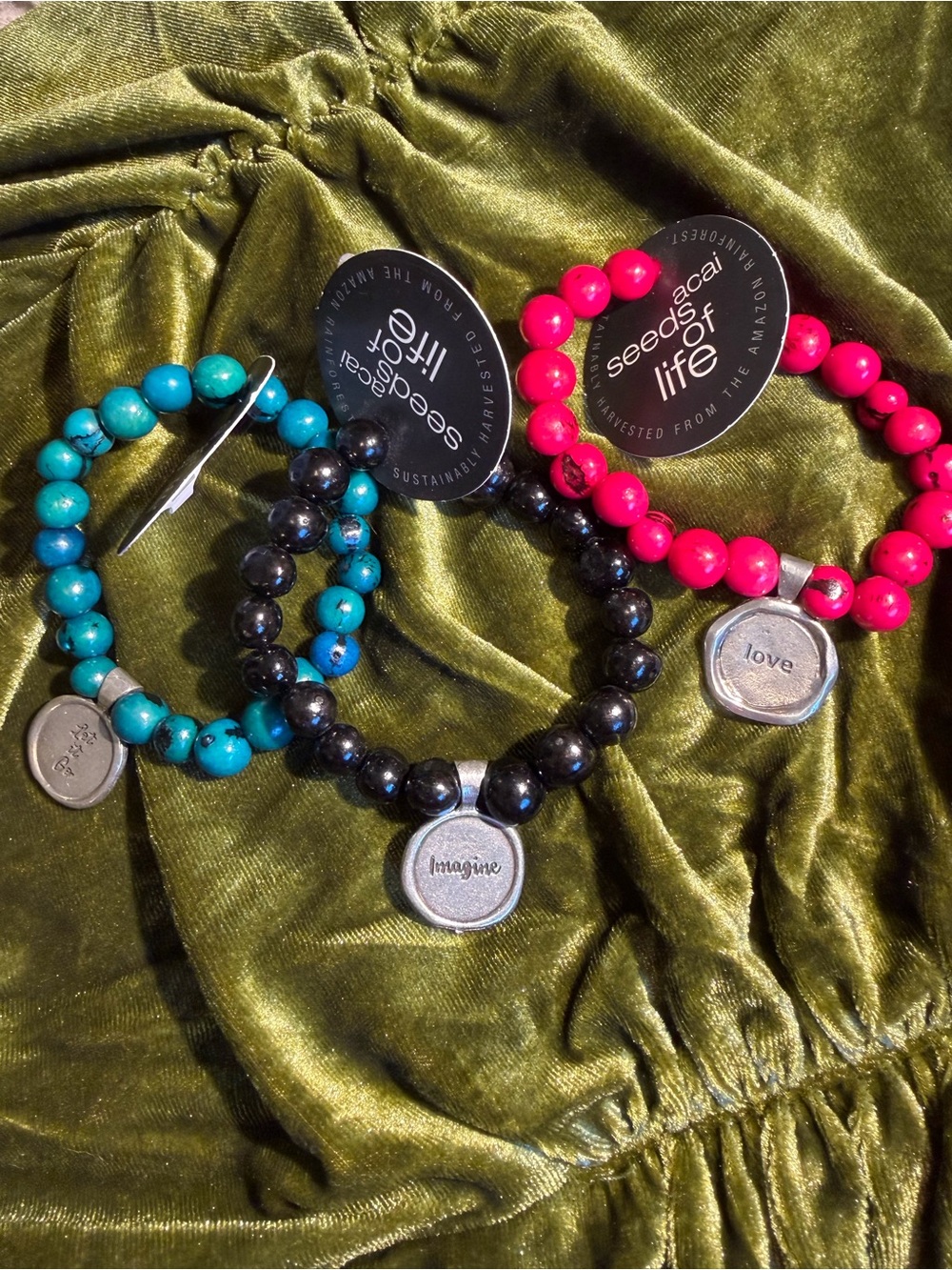 Seeds of Life Set of 3 Beaded Bracelet Bracelets - Pink, Turquoise, Black